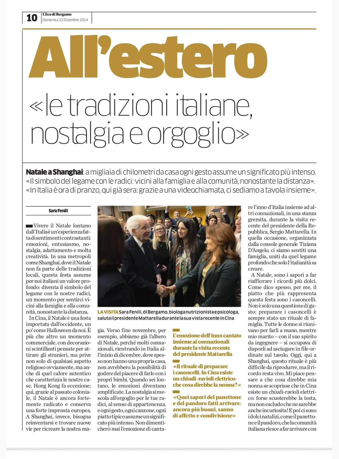 Pagina 10 de L'Eco di Bergamo: l'articolo «le tradizioni italiane, nostalgia e orgoglio» con Sara Fenili che saluta il Presidente Mattarella