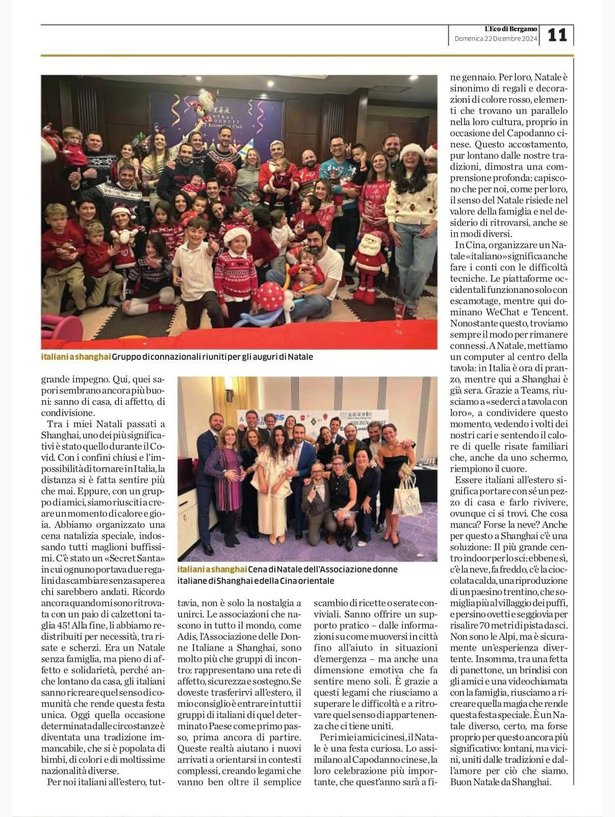 Pagina 11 de L'Eco di Bergamo: la prosecuzione dell'articolo con le foto della comunità italiana a Shanghai